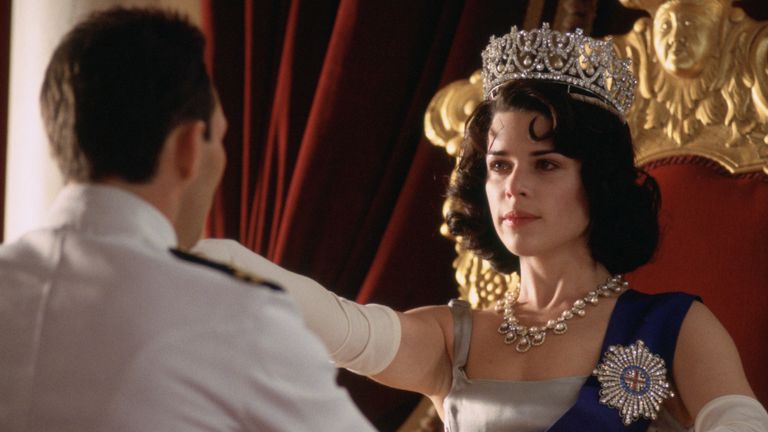 Neve Campbell as the Queen in Churchill:The Hollywood Years in 2004. Pic: Little Bird/Pathe/Kobal/Shutterstock