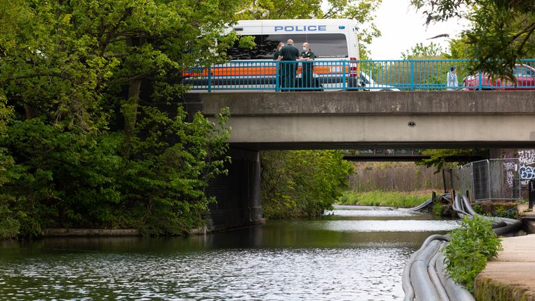 Emergency services activity on the Grand Union Canal near Old Oak Lane. The body of a newborn baby has been found in the Grand Union Canal near Old Oak Lane in north west London, the Metropolitan Police said. Picture date: Sunday May 9, 2021.