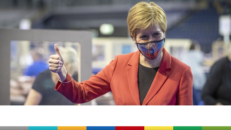 First Minister and SNP party leader Nicola Sturgeon arrives at the count for the Scottish Parliamentary Elections at the Emirates Arena, Glasgow. Picture date: Friday May 7, 2021.