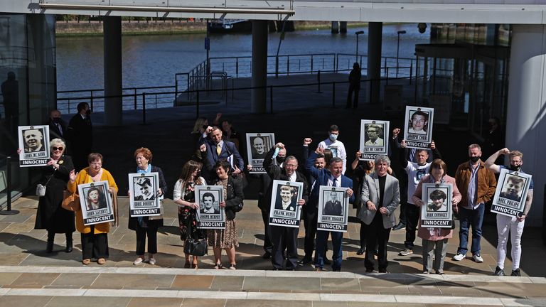 Families celebrate outside the International Convention Centre in Belfast where the Nightingale Lagan court is sitting.