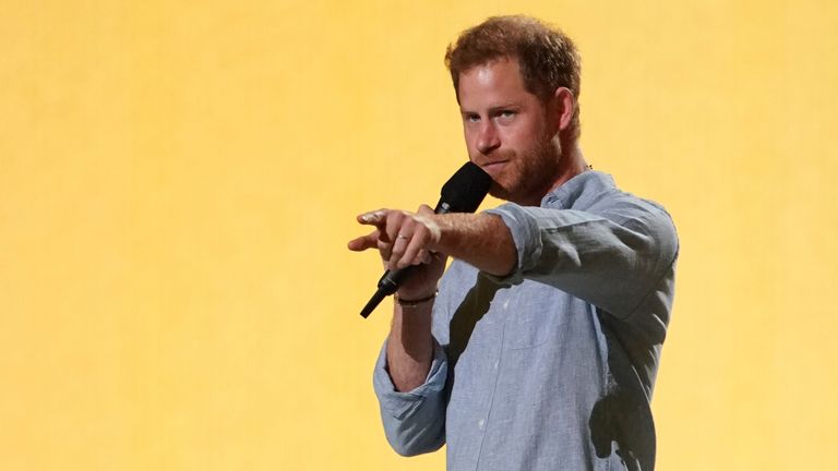 Prince Harry, Duke of Sussex speaks at "Vax Live: The Concert to Reunite the World" on Sunday, May 2, 2021, at SoFi Stadium in Inglewood, Calif. (Photo by Jordan Strauss/Invision/AP)