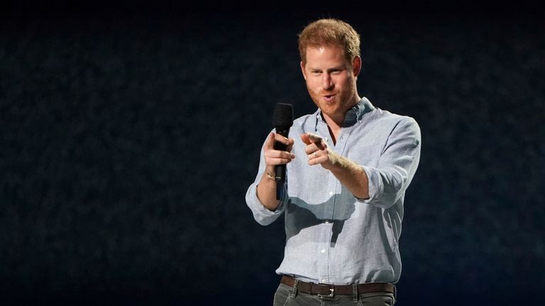 Prince Harry, Duke of Sussex speaks at "Vax Live: The Concert to Reunite the World" on Sunday