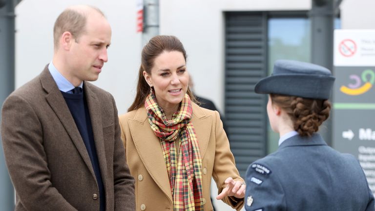 Britain&#39;s Prince William, Duke of Cambridge and Catherine, Duchess of Cambridge speak to a member of the army personnel as they arrive to officially open The Balfour, Orkney Hospital in Kirkwall, Scotland, Britain May 25, 2021. Chris Jackson/Pool via REUTERS