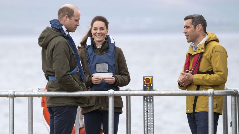 The Duke and Duchess of Cambridge on board the Orbital Marine Power tidal energy turbine at the European Marine Energy Centre, Orkney, to learn about Orkney&#39;s push for carbon zero and hydrogen power. Picture date: Tuesday May 25, 2021.