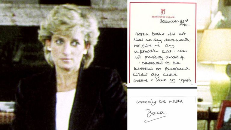 Princess Diana during her interview with Martin Bashir for the BBC and a letter she wrote after it was broadcast