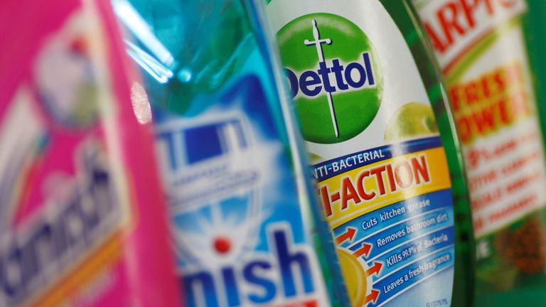 Products produced by Reckitt Benckiser are seen in London, Britain, February 12, 2008