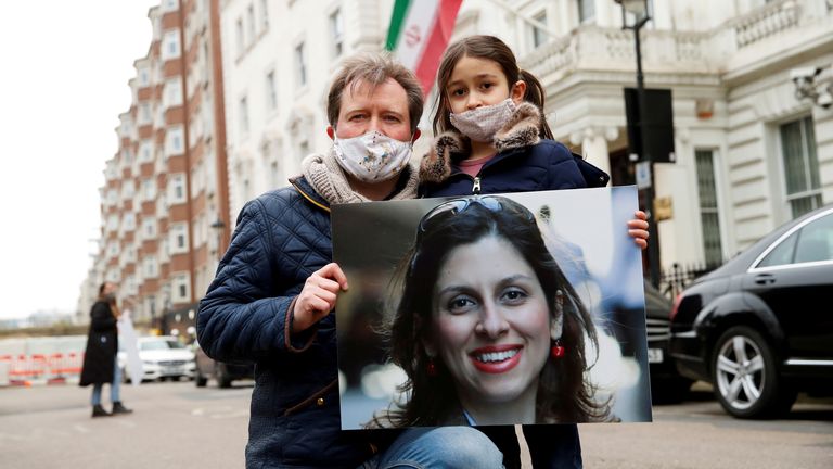 Richard Ratcliffe and daughter Gabriella protest outside the Iranian Embassy in London