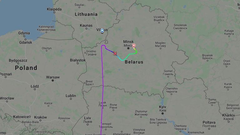 The Ryanair flight from Athens was forced to change direction and land in Minsk. Pic: Flightradar24