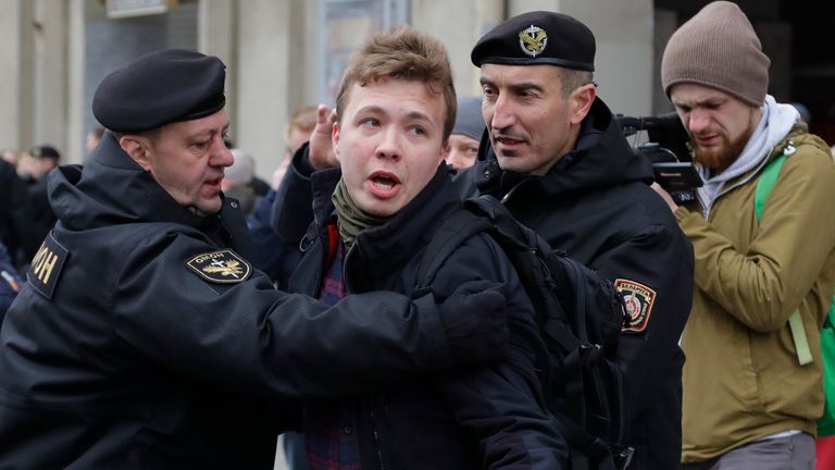 Roman Protasevich being detained by police in Belarus in 2017 during a protest