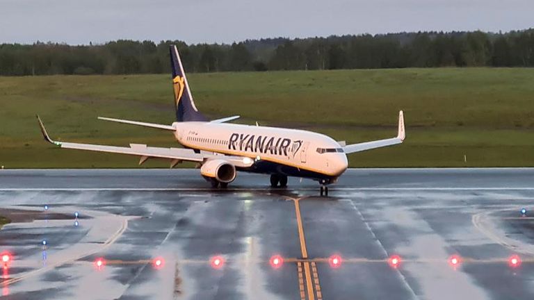 A Ryanair aircraft, which was carrying Belarusian opposition blogger and activist Roman Protasevich and diverted to Belarus, where authorities detained him, lands at Vilnius Airport in Vilnius, Lithuania