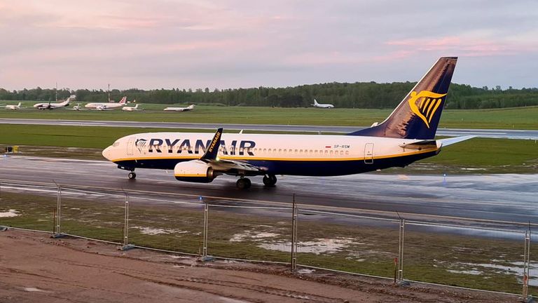 A Ryanair aircraft, which was carrying Belarusian opposition blogger and activist Roman Protasevich and diverted to Belarus, where authorities detained him, lands at Vilnius Airport in Vilnius, Lithuania May 23, 2021. REUTERS/Andrius Sytas