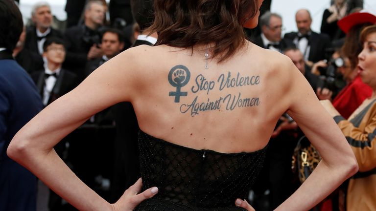 The actress has campaigned on the issue of violence against women, picture here with a temporary tattoo at the 2019 Cannes Film Festival