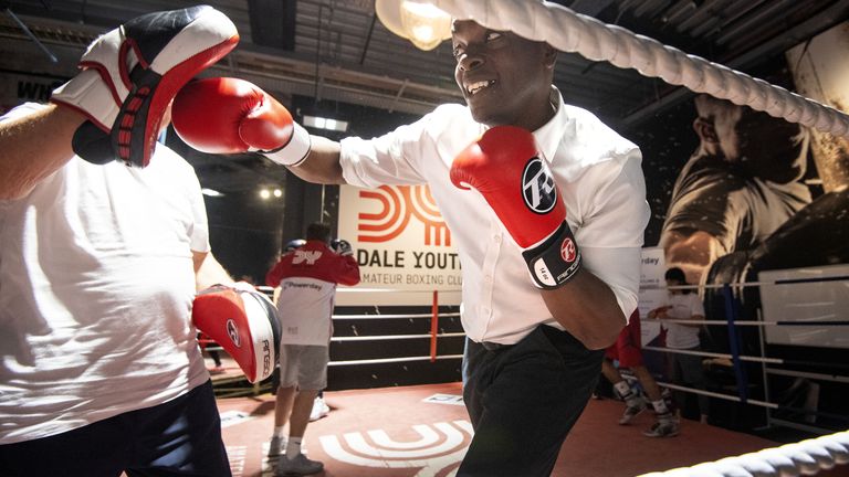 Conservative London mayoral candidate Shaun Bailey in the ring during a visit to Dale Youth boxing club, in west London