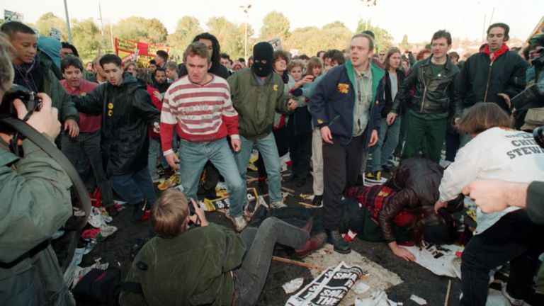 Protesters clash at an anti-racist march in Welling in October 1993