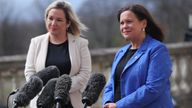 Sinn Fein deputy leader Michelle O&#39;Neill and leader Mary Lou McDonald outside Stormont in Belfast, speaking to media following a loyalist protest in the city against Brexit&#39;s Northern Ireland Protocol. Picture date: Monday April 19, 2021.