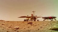The Zhurong rover next to the lander on the Martian surface