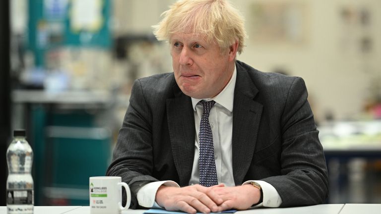 Prime Minister Boris Johnson talks with lecturers and students in the Arts and Design department during a visit to Kirklees College Springfield Sixth Form Centre in Dewsbury, West Yorkshire. Picture date: Friday June 18, 2021.