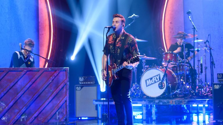 EDITORIAL USE ONLY McFly performs during the filming for the Graham Norton Show at BBC Studioworks 6 Television Centre, Wood Lane, London, to be aired on BBC One on Friday evening.