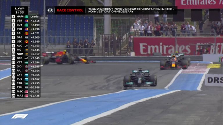 Lewis Hamilton overtook Max Verstappen for the race lead on the opening lap in France.