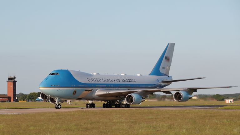 Air Force One carrying U.S. President Joe Biden lands at RAF (Royal Air Force) Mildenhall as he arrives ahead of the G7 Summit, near Mildenhall, Suffolk, Britain, June 9, 2021. REUTERS/Andrew Boyers