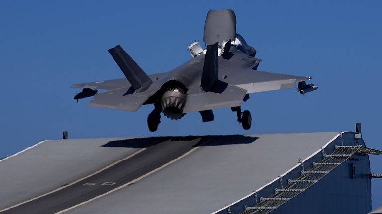 F-35 aircraft takes off from the U.K.&#39;s aircraft carrier HMS Queen Elizabeth in the Mediterranean Sea on Sunday, June 20, 2021. Pic: AP