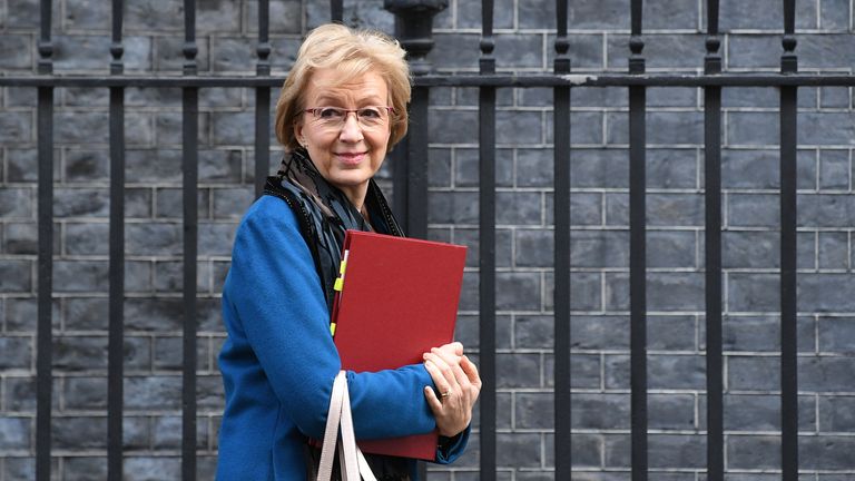 Business Secretary Andrea Leadsom leaves Downing Street, London, after a National Security Council meeting. Pic: PA