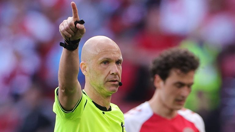 Soccer Football - Euro 2020 - Group B - Denmark v Finland - Parken Stadium, Copenhagen, Denmark - June 12, 2021 Referee Anthony Taylor during the match Pool via REUTERS/Friedemann Vogel