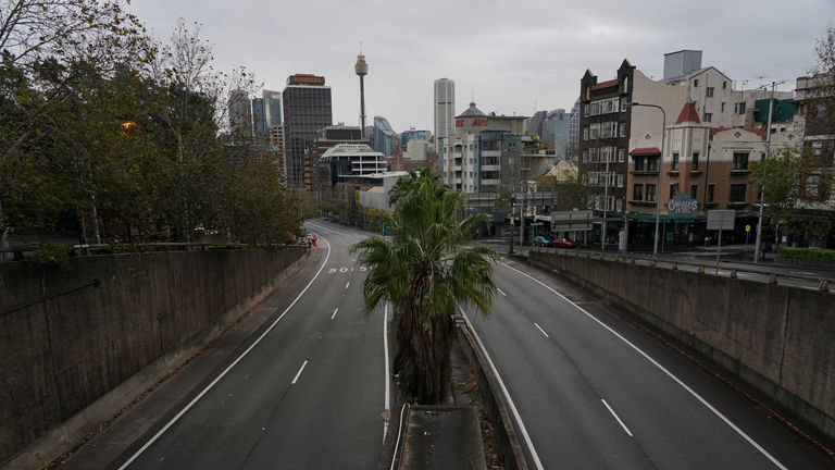 A usually busy thoroughfare in the city centre is seen devoid of cars during a lockdown to curb the spread of a coronavirus outbreak in Sydney, Australia