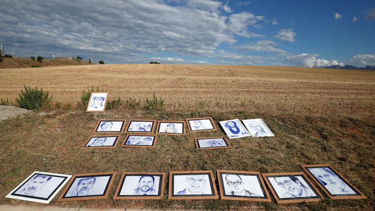 Portraits of the jailed secessionist leaders close to Lledoners prison near Barcelona