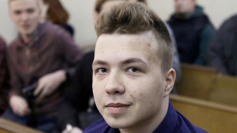 FILE PHOTO: Opposition blogger Roman Protasevich attends a court hearing in Minsk
