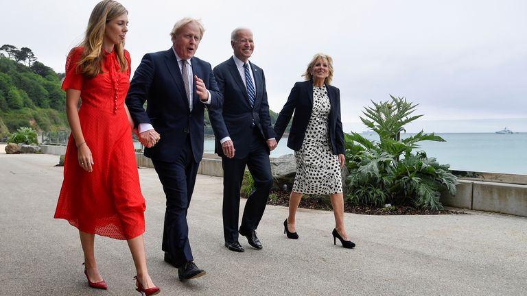 Carrie Johnson, Prime Minister Boris Johnson, US President Joe Biden and first lady Jill Biden walk outside Carbis Bay Hotel