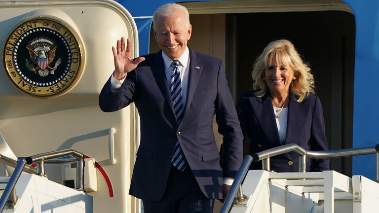 US President Joe Biden and First Lady Jill Biden arrive on Air Force One at RAF Mildenhall in Suffolk, ahead of the G7 summit in Cornwall. Picture date: Wednesday June 9, 2021.