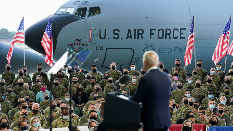 U.S. President Joe Biden delivers remarks to U.S. Air Force personnel and their families stationed at RAF Mildenhall, ahead of the G7 Summit, near Mildenhall, Britain June 9, 2021. REUTERS/Kevin Lamarque