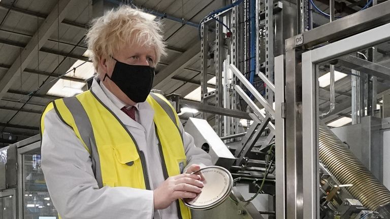 Prime Minister Boris Johnson during a visit to a factory while campaigning in the constituency ahead of the Batley and Spen by-election