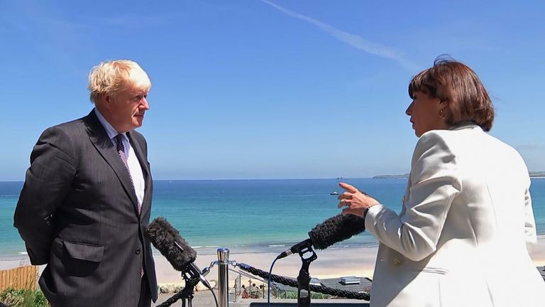 Boris Johnson talks to Sky News political editor Beth Rigby in Cornwall