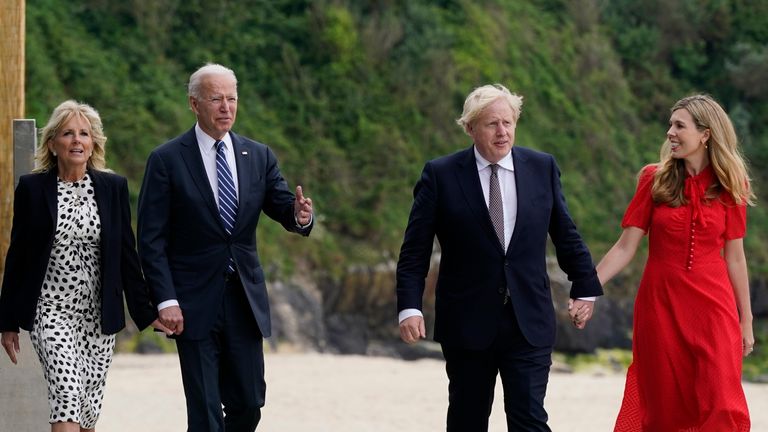 Jill Biden, Joe Biden, Boris Johnson and Carrie Johnson meet ahead of the G7. Pic: Associated Press