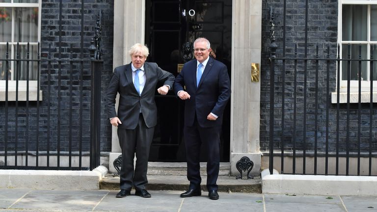 Prime Minister Boris Johnson greets Australian Prime Minister Scott Morrison at 10 Downing Street, London ahead of a meeting to formally announce a trade deal with the UK. It will be the UK&#39;s first trade deal negotiated fully since leaving the European Union. Picture date: Tuesday June 15, 2021.