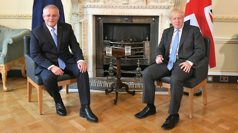 Prime Minister Boris Johnson (right) with Australian Prime Minister Scott Morrison at 10 Downing Street, London, ahead of a meeting to formally announce a trade deal with the UK. It will be the UK&#39;s first trade deal negotiated fully since leaving the European Union. . Picture date: Tuesday June 15, 2021.