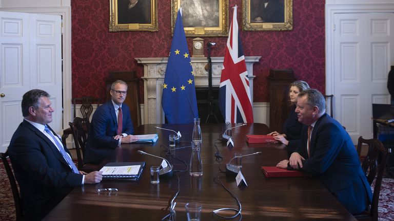 Brexit minister Lord Frost, flanked by Paymaster General Penny Mordaunt, sitting opposite European Commission vice president Maros Sefcovic, who is flanked by Principal Adviser, Service for the EU-UK Agreements (UKS) Richard Szostak, as he chairs the first EU-UK partnership council at Admiralty House in London