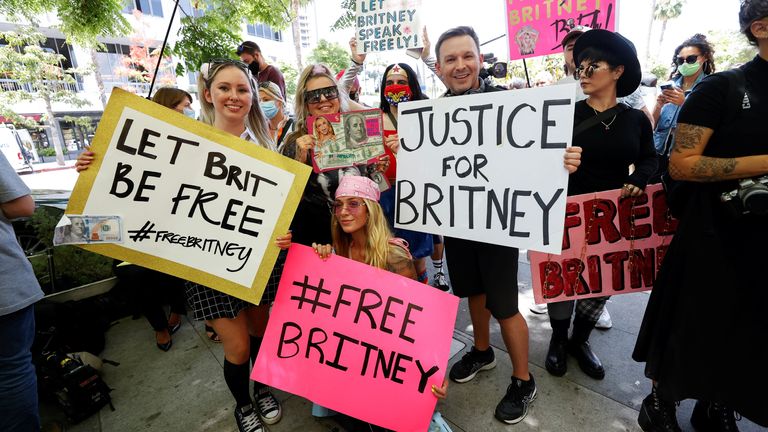 People protest in support of pop star Britney Spears on the day of a conservatorship case hearing at Stanley Mosk Courthouse in Los Angeles
