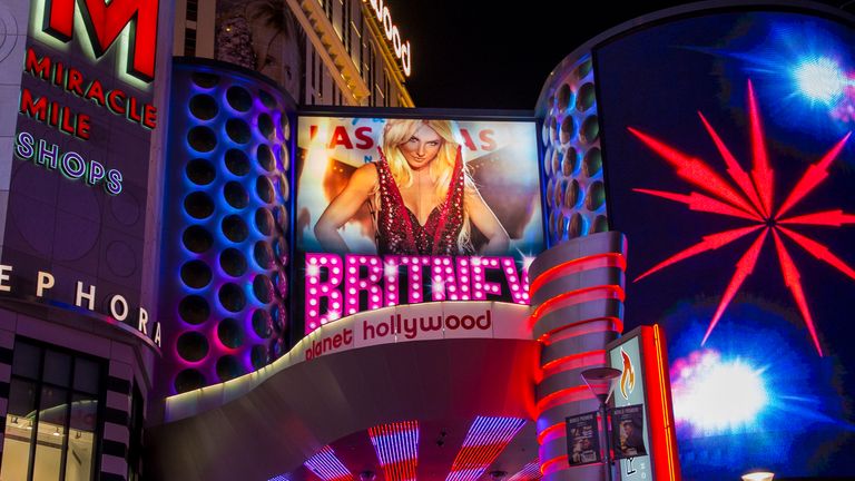 The Britney Spears show poster at Planet Hollywood Resort in Las Vegas. Pic: VWPics via AP Images