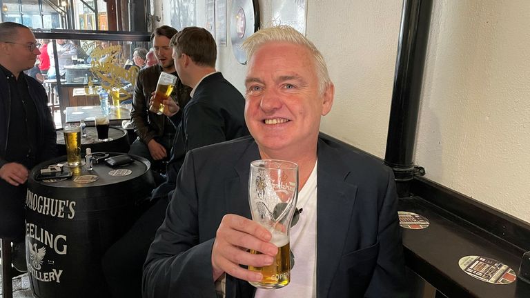 Pat Kelleher enjoys at pint at O&#39;Donoghues which is open for the first time in 15 months