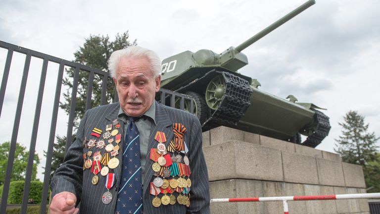 David Dushman at the Soviet memorial in Berlin as he remembered his comrades who died in World War Two