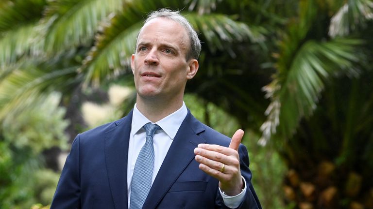 Britain&#39;s Foreign Secretary Dominic Raab gestures during an interview with Reuters on the sidelines of G7 summit in Carbis Bay, Cornwall