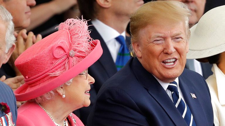 Donald Trump laughs with the Queen during 75th D-Day anniversary commemorations in June 2019. Pic: AP