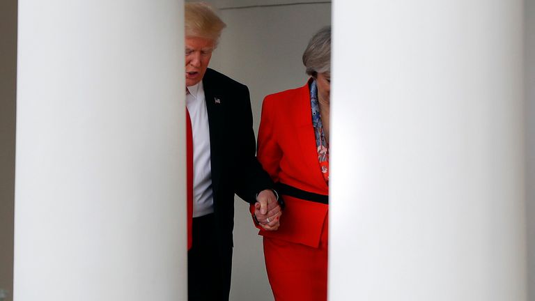 Donald Trump held Theresa May&#39;s hand at the White House in 2017
