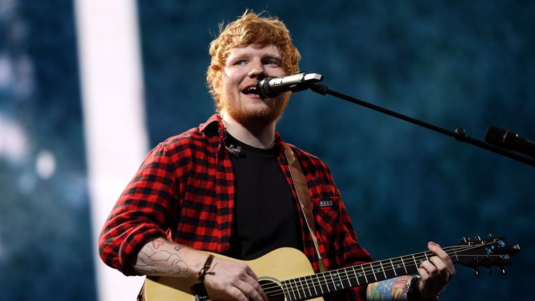 Sheeran is pictured at Glastonbury in 2017