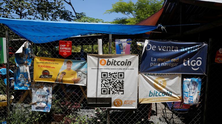 Bitcoin banners outside a restaurant at the El Zonte Beach in Chiltiupan,  El Salvador