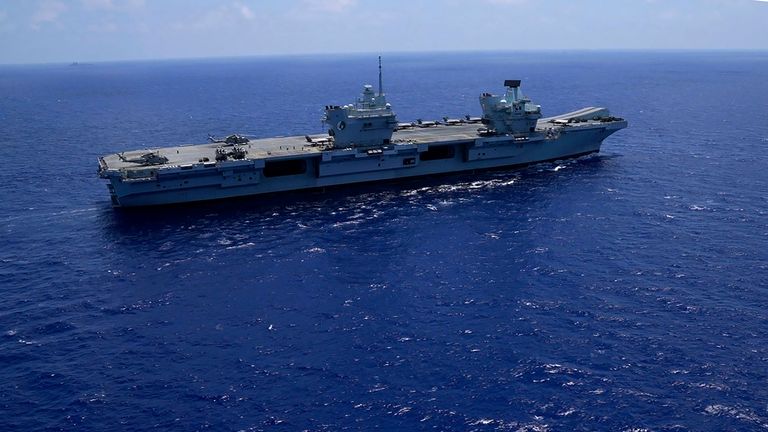 U.K.&#39;s newest aircraft carrier HMS Queen Elizabeth in the Mediterranean Sea on Sunday, June 20, 2021. Pic: AP