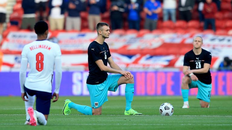 Players taking a knee before England v Austria last Wednesday